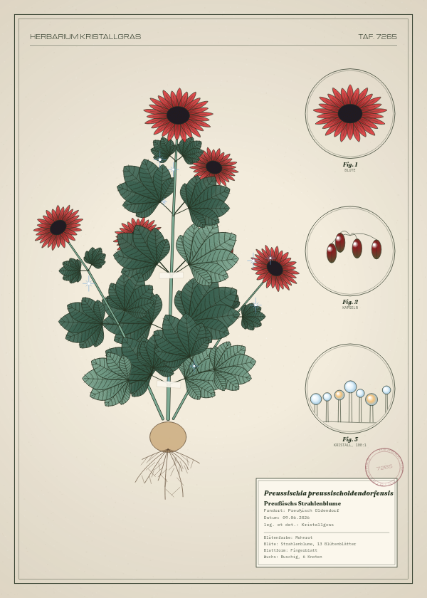 Botanische Tafel: Preussischia preussischoldendorfensis, eine erfundene Pflanze aus Preußisch Oldendorf, gezeichnet wie in einem alten Pflanzenatlas