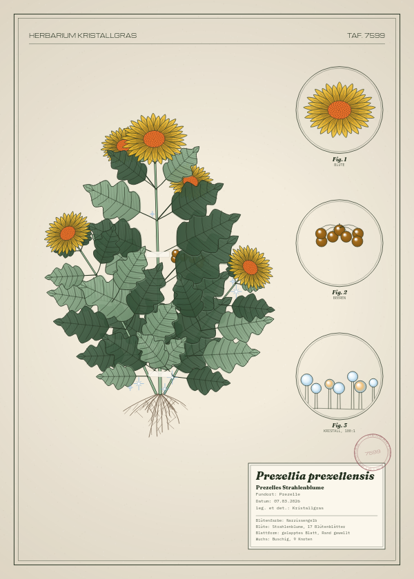 Botanische Tafel: Prezellia prezellensis, eine erfundene Pflanze aus Prezelle, gezeichnet wie in einem alten Pflanzenatlas