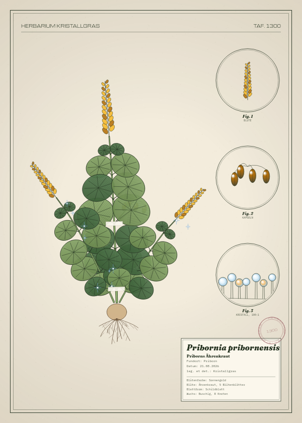 Botanische Tafel: Pribornia pribornensis, eine erfundene Pflanze aus Priborn, gezeichnet wie in einem alten Pflanzenatlas