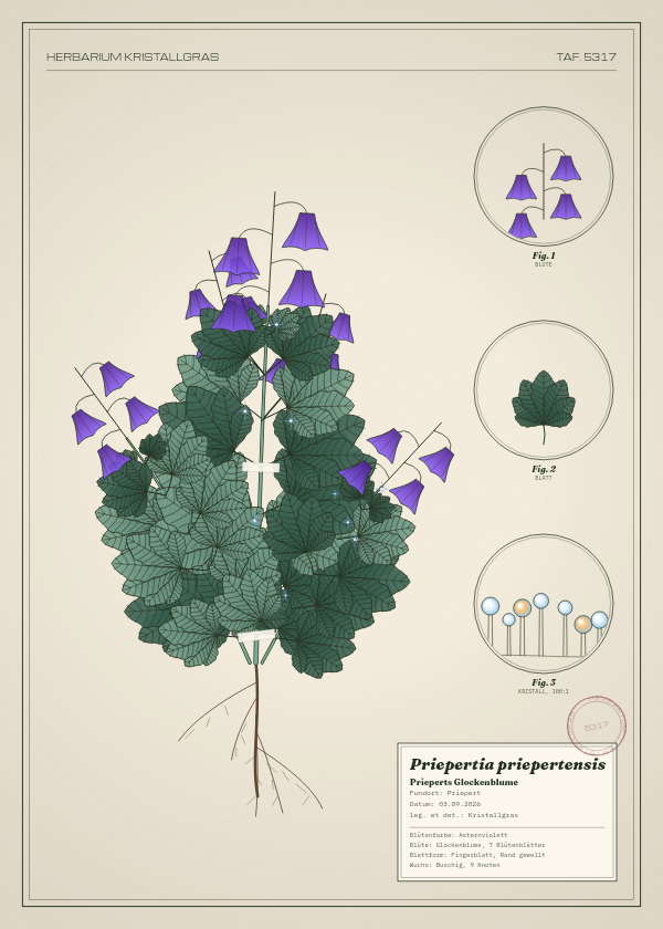 Botanische Tafel: Priepertia priepertensis, eine erfundene Pflanze aus Priepert, gezeichnet wie in einem alten Pflanzenatlas