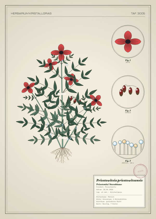 Botanische Tafel: Priestewitzia priestewitzensis, eine erfundene Pflanze aus Priestewitz, gezeichnet wie in einem alten Pflanzenatlas