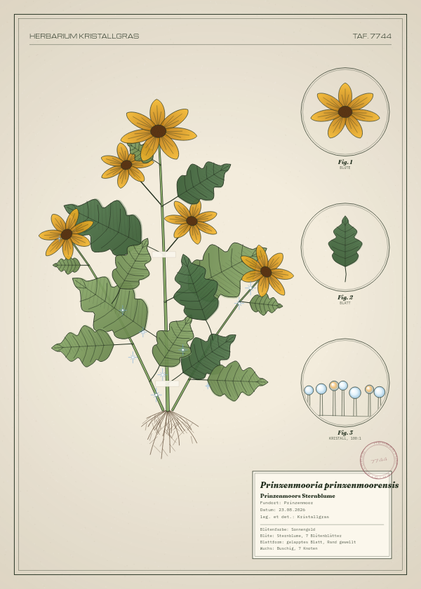 Botanische Tafel: Prinzenmooria prinzenmoorensis, eine erfundene Pflanze aus Prinzenmoor, gezeichnet wie in einem alten Pflanzenatlas