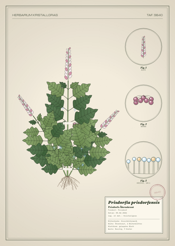 Botanische Tafel: Prisdorfia prisdorfensis, eine erfundene Pflanze aus Prisdorf, gezeichnet wie in einem alten Pflanzenatlas