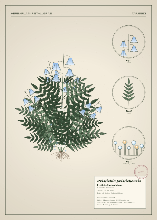 Botanische Tafel: Prislichia prislichensis, eine erfundene Pflanze aus Prislich, gezeichnet wie in einem alten Pflanzenatlas