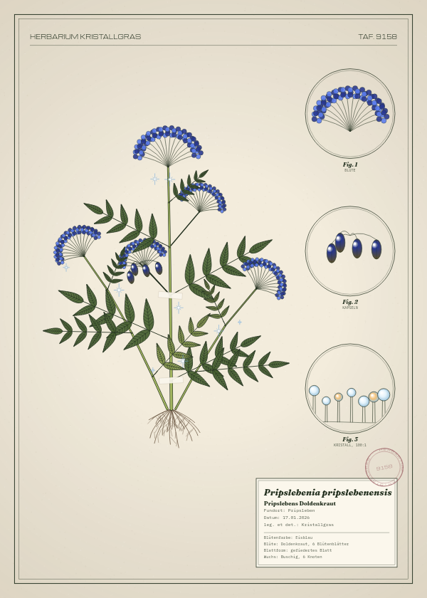 Botanische Tafel: Pripslebenia pripslebenensis, eine erfundene Pflanze aus Pripsleben, gezeichnet wie in einem alten Pflanzenatlas