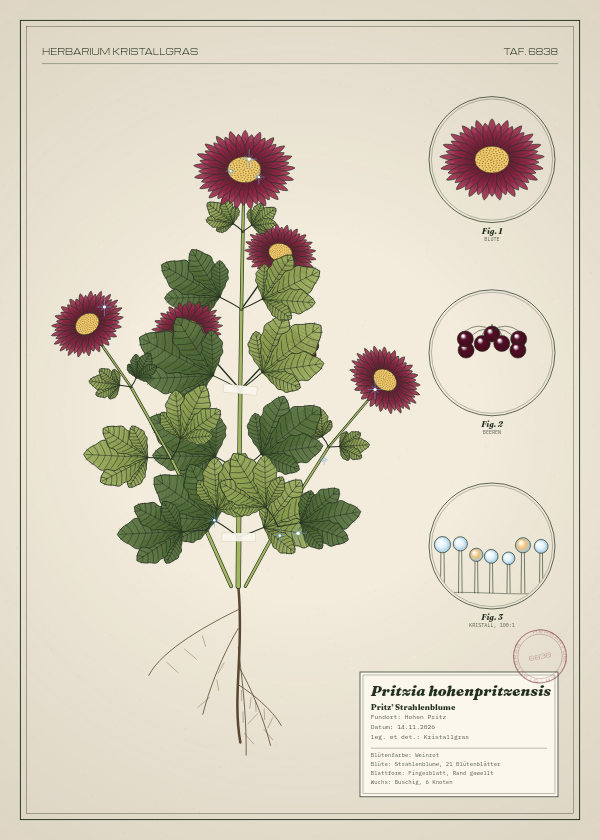 Botanische Tafel: Pritzia hohenpritzensis, eine erfundene Pflanze aus Hohen Pritz, gezeichnet wie in einem alten Pflanzenatlas