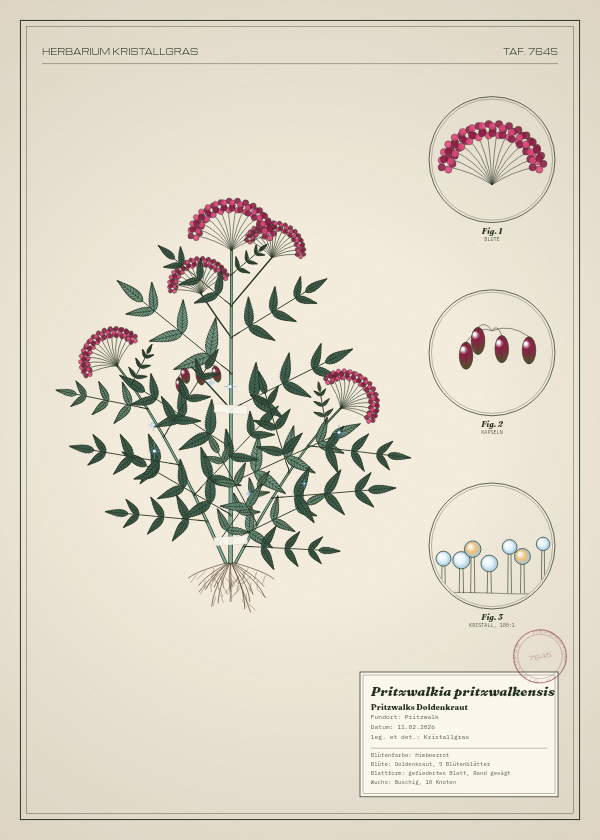 Botanische Tafel: Pritzwalkia pritzwalkensis, eine erfundene Pflanze aus Pritzwalk, gezeichnet wie in einem alten Pflanzenatlas