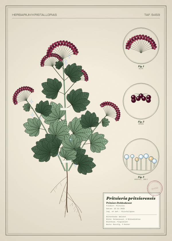 Botanische Tafel: Pritzieria pritzierensis, eine erfundene Pflanze aus Pritzier, gezeichnet wie in einem alten Pflanzenatlas