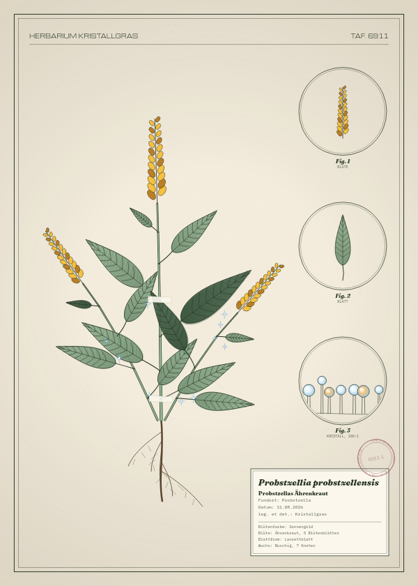 Botanische Tafel: Probstzellia probstzellensis, eine erfundene Pflanze aus Probstzella, gezeichnet wie in einem alten Pflanzenatlas