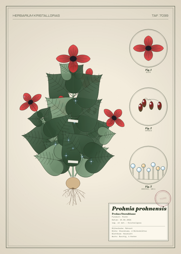 Botanische Tafel: Prohnia prohnensis, eine erfundene Pflanze aus Prohn, gezeichnet wie in einem alten Pflanzenatlas