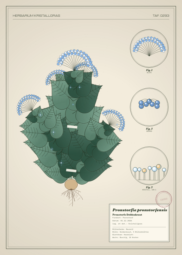 Botanische Tafel: Pronstorfia pronstorfensis, eine erfundene Pflanze aus Pronstorf, gezeichnet wie in einem alten Pflanzenatlas