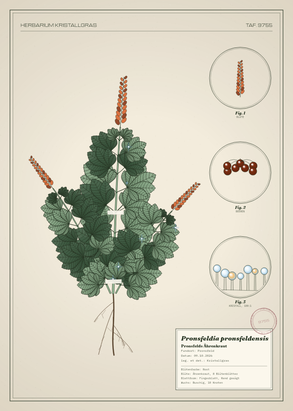 Botanische Tafel: Pronsfeldia pronsfeldensis, eine erfundene Pflanze aus Pronsfeld, gezeichnet wie in einem alten Pflanzenatlas