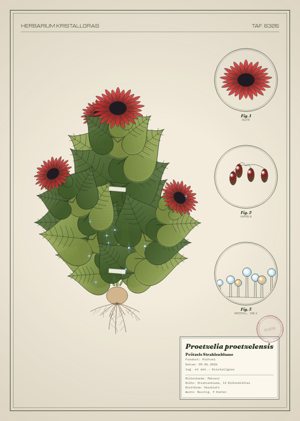 Botanische Tafel: Proetzelia proetzelensis, eine erfundene Pflanze aus Prötzel, gezeichnet wie in einem alten Pflanzenatlas