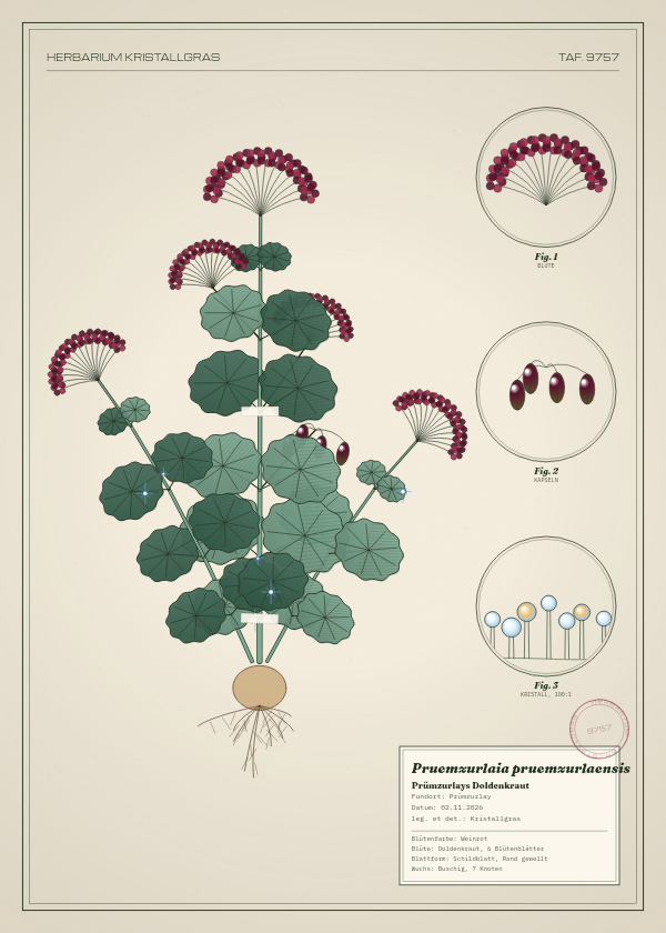 Botanische Tafel: Pruemzurlaia pruemzurlaensis, eine erfundene Pflanze aus Prümzurlay, gezeichnet wie in einem alten Pflanzenatlas