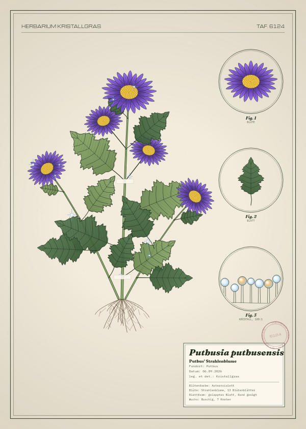 Botanische Tafel: Putbusia putbusensis, eine erfundene Pflanze aus Putbus, gezeichnet wie in einem alten Pflanzenatlas