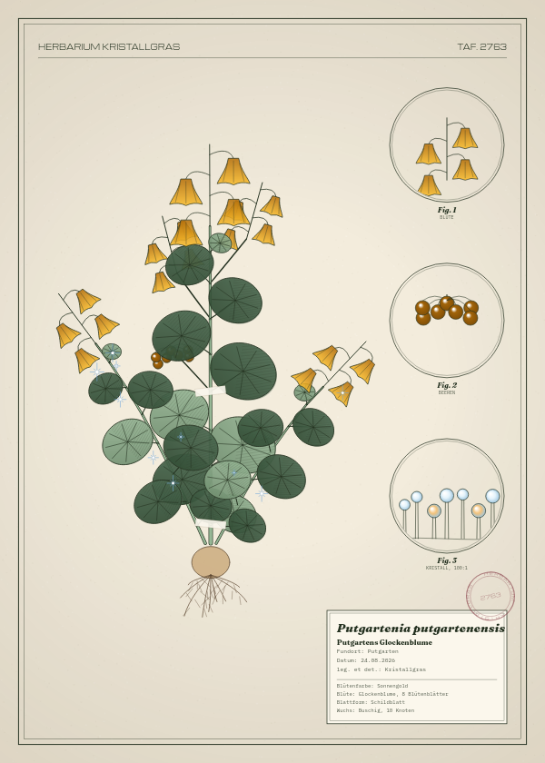 Botanische Tafel: Putgartenia putgartenensis, eine erfundene Pflanze aus Putgarten, gezeichnet wie in einem alten Pflanzenatlas