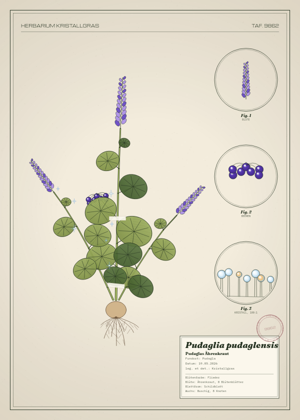 Botanische Tafel: Pudaglia pudaglensis, eine erfundene Pflanze aus Pudagla, gezeichnet wie in einem alten Pflanzenatlas