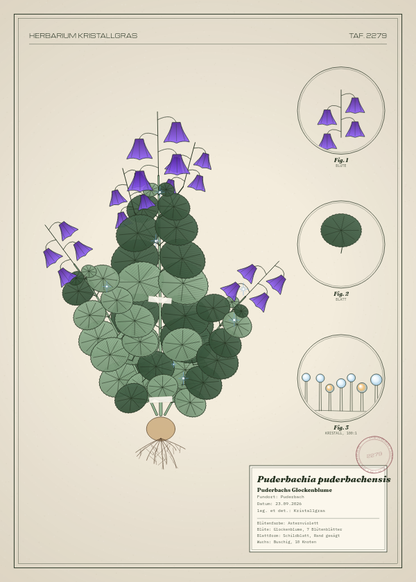Botanische Tafel: Puderbachia puderbachensis, eine erfundene Pflanze aus Puderbach, gezeichnet wie in einem alten Pflanzenatlas