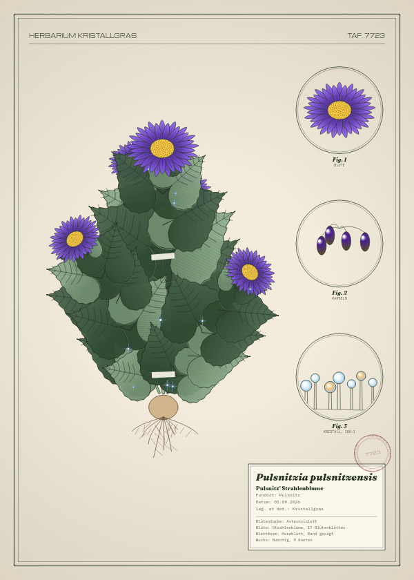 Botanische Tafel: Pulsnitzia pulsnitzensis, eine erfundene Pflanze aus Pulsnitz, gezeichnet wie in einem alten Pflanzenatlas