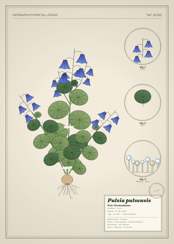 Botanische Tafel: Pulsia pulsensis, eine erfundene Pflanze aus Puls, gezeichnet wie in einem alten Pflanzenatlas