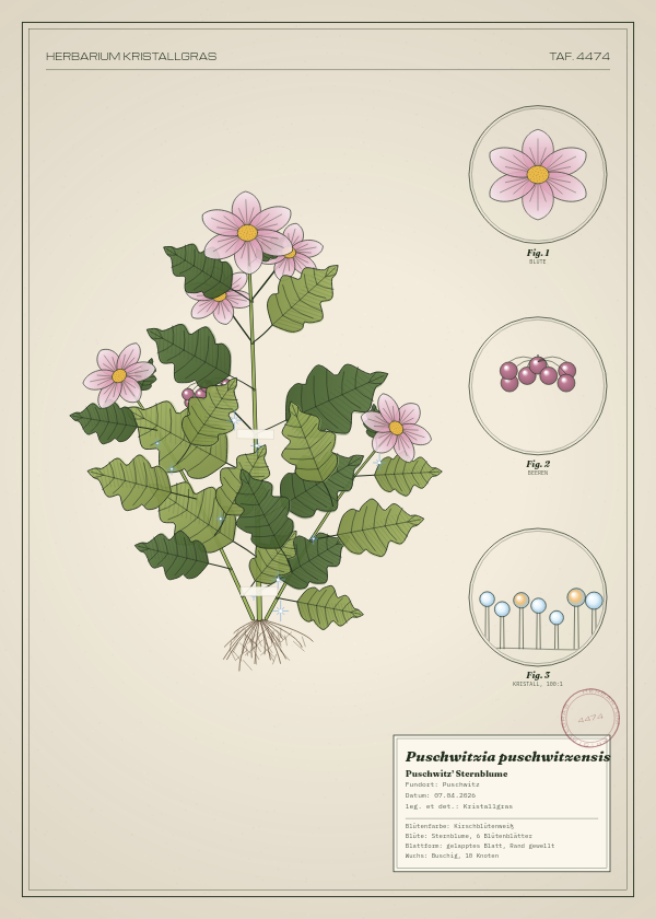 Botanische Tafel: Puschwitzia puschwitzensis, eine erfundene Pflanze aus Puschwitz, gezeichnet wie in einem alten Pflanzenatlas