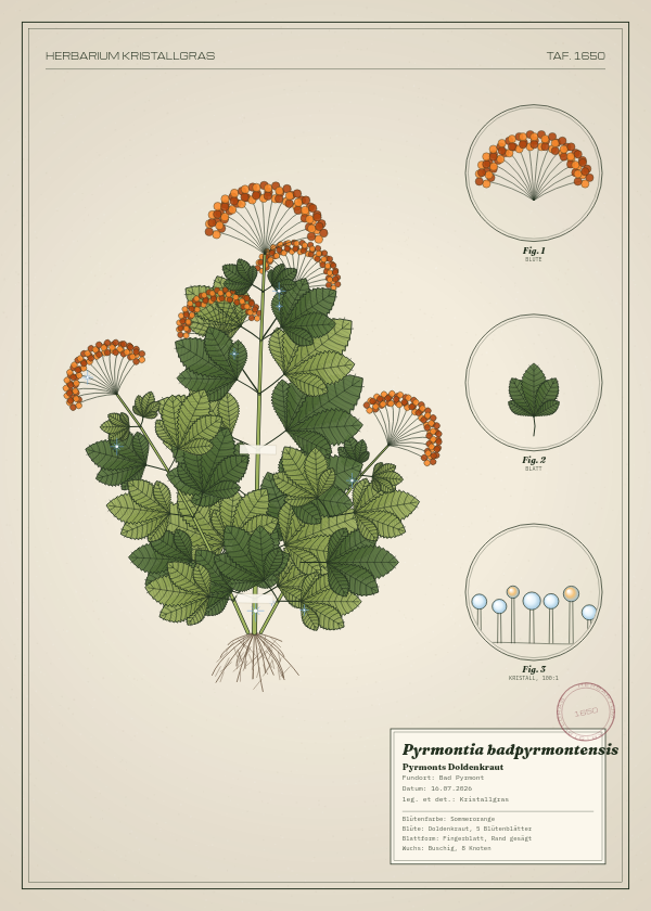 Botanische Tafel: Pyrmontia badpyrmontensis, eine erfundene Pflanze aus Bad Pyrmont, gezeichnet wie in einem alten Pflanzenatlas