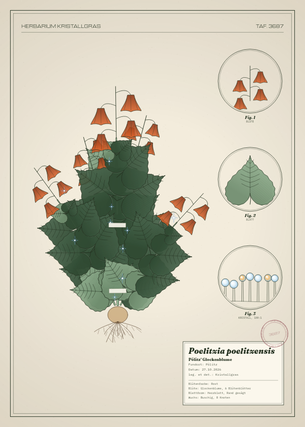 Botanische Tafel: Poelitzia poelitzensis, eine erfundene Pflanze aus Pölitz, gezeichnet wie in einem alten Pflanzenatlas