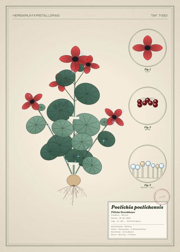 Botanische Tafel: Poelichia poelichensis, eine erfundene Pflanze aus Pölich, gezeichnet wie in einem alten Pflanzenatlas