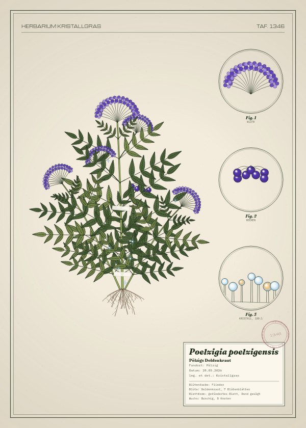 Botanische Tafel: Poelzigia poelzigensis, eine erfundene Pflanze aus Pölzig, gezeichnet wie in einem alten Pflanzenatlas