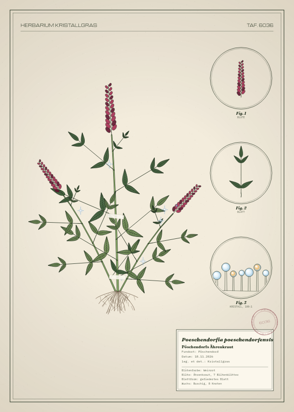 Botanische Tafel: Poeschendorfia poeschendorfensis, eine erfundene Pflanze aus Pöschendorf, gezeichnet wie in einem alten Pflanzenatlas