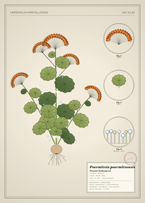 Botanische Tafel: Poermitzia poermitzensis, eine erfundene Pflanze aus Pörmitz, gezeichnet wie in einem alten Pflanzenatlas
