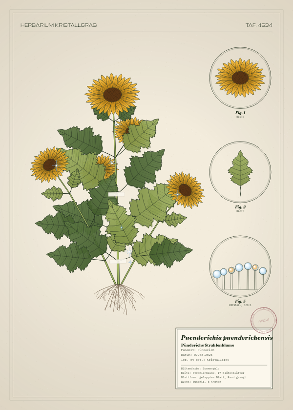 Botanische Tafel: Puenderichia puenderichensis, eine erfundene Pflanze aus Pünderich, gezeichnet wie in einem alten Pflanzenatlas