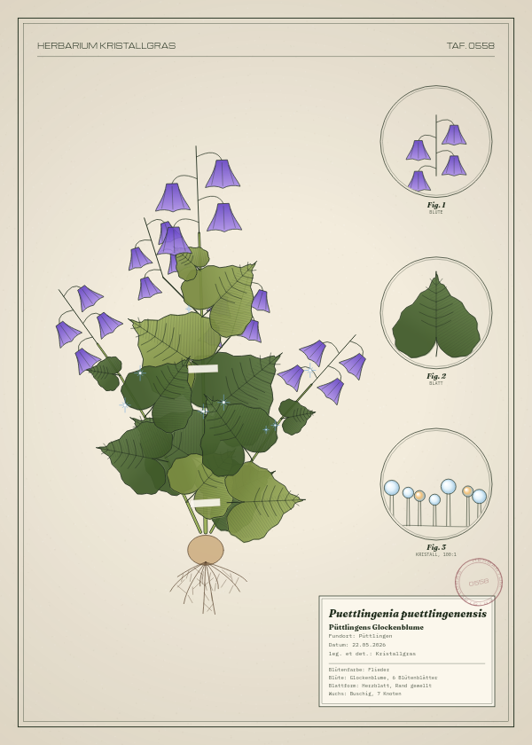 Botanische Tafel: Puettlingenia puettlingenensis, eine erfundene Pflanze aus Püttlingen, gezeichnet wie in einem alten Pflanzenatlas