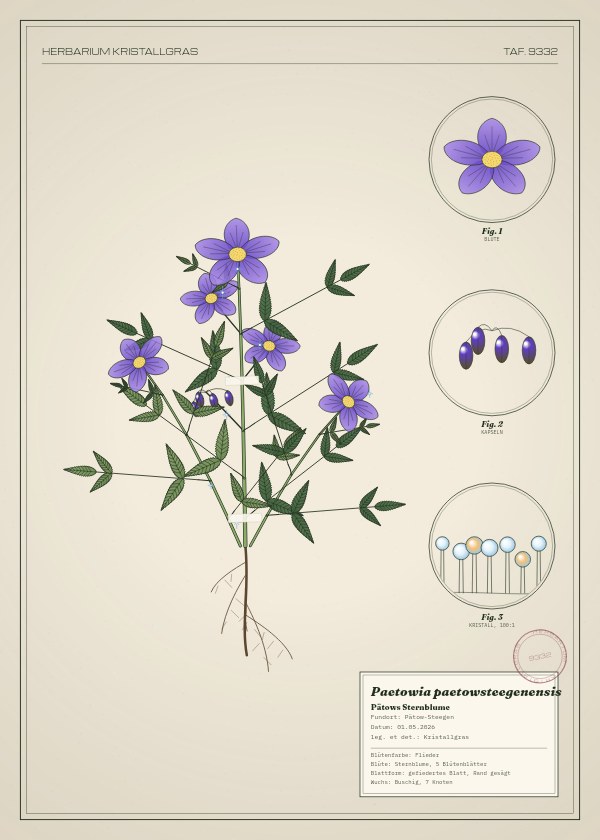 Botanische Tafel: Paetowia paetowsteegenensis, eine erfundene Pflanze aus Pätow-Steegen, gezeichnet wie in einem alten Pflanzenatlas