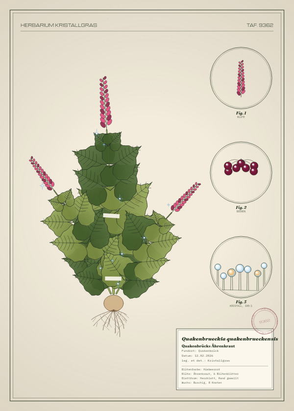 Botanische Tafel: Quakenbrueckia quakenbrueckensis, eine erfundene Pflanze aus Quakenbrück, gezeichnet wie in einem alten Pflanzenatlas