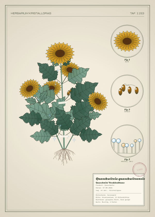 Botanische Tafel: Quaschwitzia quaschwitzensis, eine erfundene Pflanze aus Quaschwitz, gezeichnet wie in einem alten Pflanzenatlas