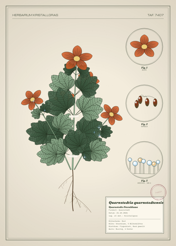 Botanische Tafel: Quarnstedtia quarnstedtensis, eine erfundene Pflanze aus Quarnstedt, gezeichnet wie in einem alten Pflanzenatlas