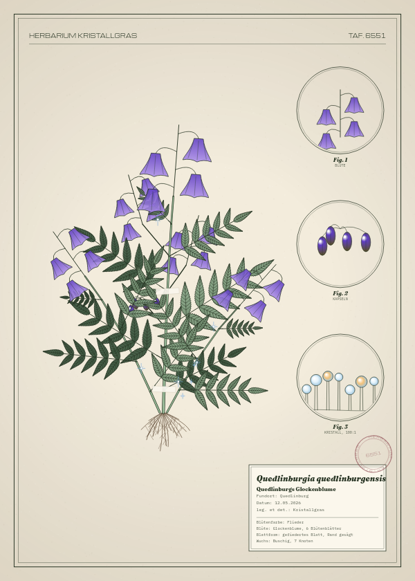 Botanische Tafel: Quedlinburgia quedlinburgensis, eine erfundene Pflanze aus Quedlinburg, gezeichnet wie in einem alten Pflanzenatlas
