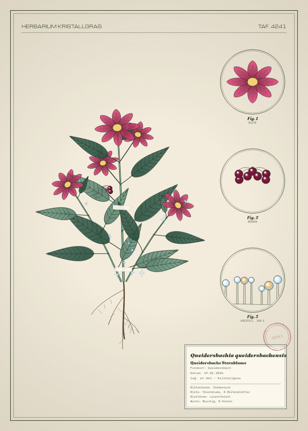 Botanische Tafel: Queidersbachia queidersbachensis, eine erfundene Pflanze aus Queidersbach, gezeichnet wie in einem alten Pflanzenatlas