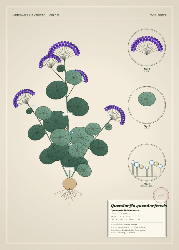 Botanische Tafel: Quendorfia quendorfensis, eine erfundene Pflanze aus Quendorf, gezeichnet wie in einem alten Pflanzenatlas