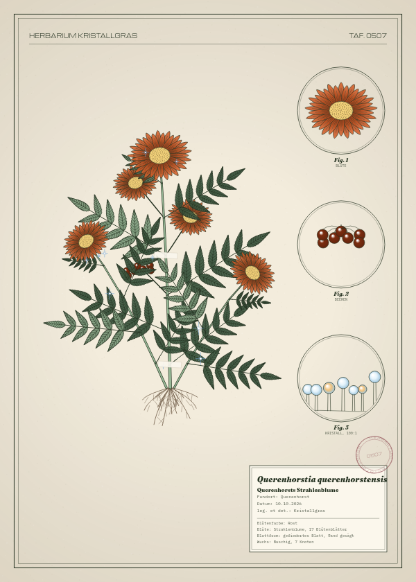 Botanische Tafel: Querenhorstia querenhorstensis, eine erfundene Pflanze aus Querenhorst, gezeichnet wie in einem alten Pflanzenatlas