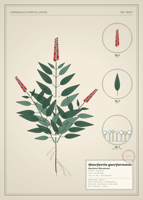 Botanische Tafel: Querfurtia querfurtensis, eine erfundene Pflanze aus Querfurt, gezeichnet wie in einem alten Pflanzenatlas