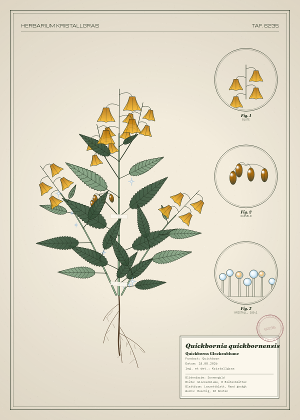 Botanische Tafel: Quickbornia quickbornensis, eine erfundene Pflanze aus Quickborn, gezeichnet wie in einem alten Pflanzenatlas