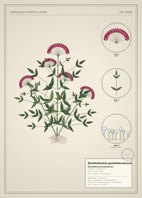 Botanische Tafel: Quiddelbachia quiddelbachensis, eine erfundene Pflanze aus Quiddelbach, gezeichnet wie in einem alten Pflanzenatlas