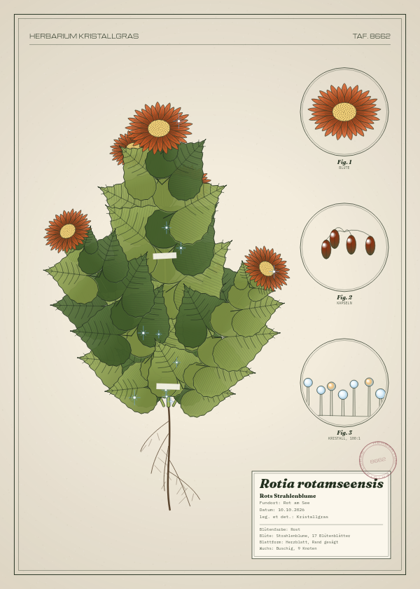 Botanische Tafel: Rotia rotamseensis, eine erfundene Pflanze aus Rot am See, gezeichnet wie in einem alten Pflanzenatlas