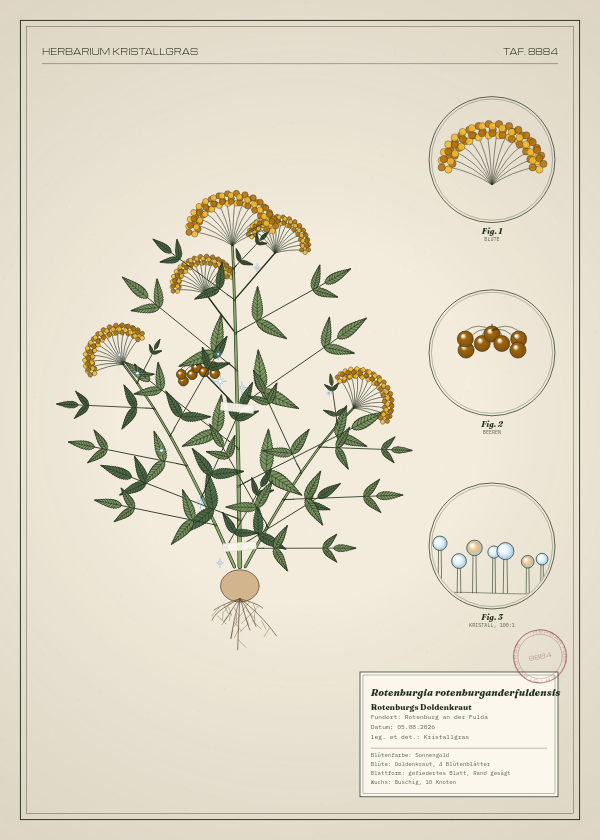 Botanische Tafel: Rotenburgia rotenburganderfuldensis, eine erfundene Pflanze aus Rotenburg an der Fulda, gezeichnet wie in einem alten Pflanzenatlas