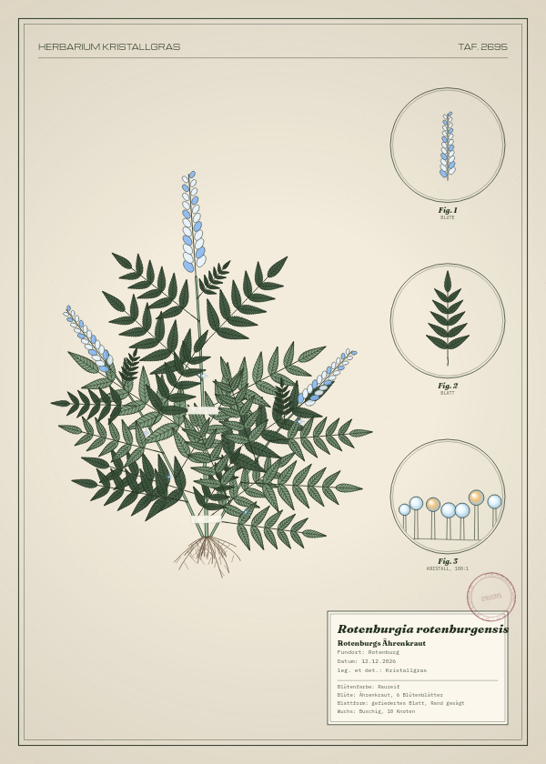 Botanische Tafel: Rotenburgia rotenburgensis, eine erfundene Pflanze aus Rotenburg, gezeichnet wie in einem alten Pflanzenatlas