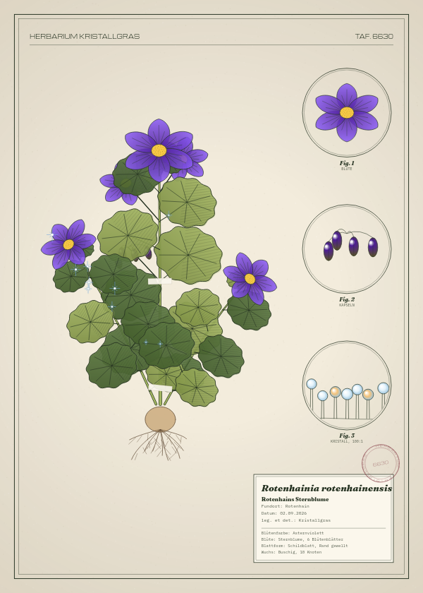Botanische Tafel: Rotenhainia rotenhainensis, eine erfundene Pflanze aus Rotenhain, gezeichnet wie in einem alten Pflanzenatlas