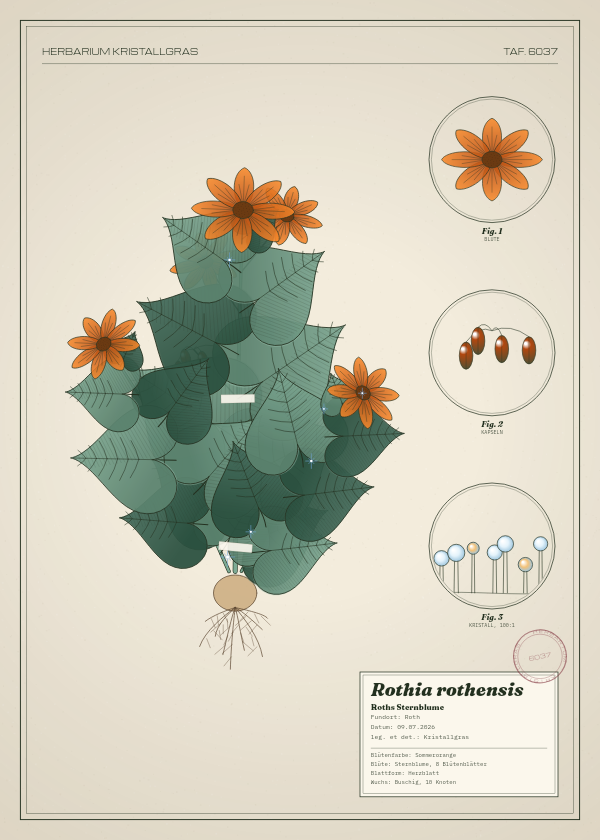 Botanische Tafel: Rothia rothensis, eine erfundene Pflanze aus Roth, gezeichnet wie in einem alten Pflanzenatlas