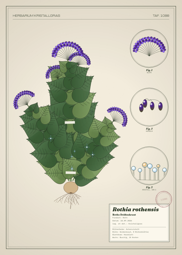 Botanische Tafel: Rothia rothensis, eine erfundene Pflanze aus Roth, gezeichnet wie in einem alten Pflanzenatlas